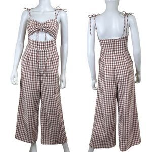 Song of Style Womens Size S Brown Senna Gingham Cutout Wide Leg Jumpsuit Pants